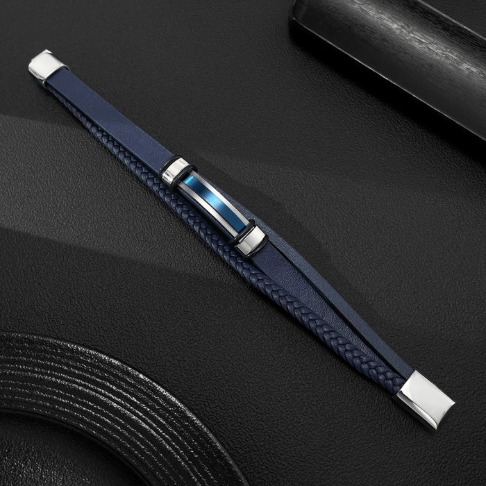 Bratara piele bleumarin si placuta inox cu insertie albastra – Eleganta moderna si rafinament masculin [3]