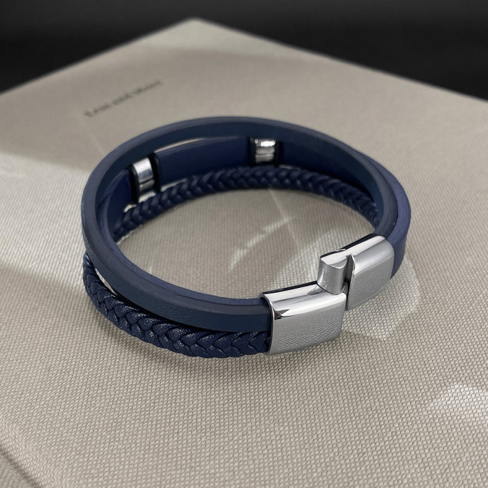 Bratara piele bleumarin si placuta inox cu insertie albastra – Eleganta moderna si rafinament masculin [9]