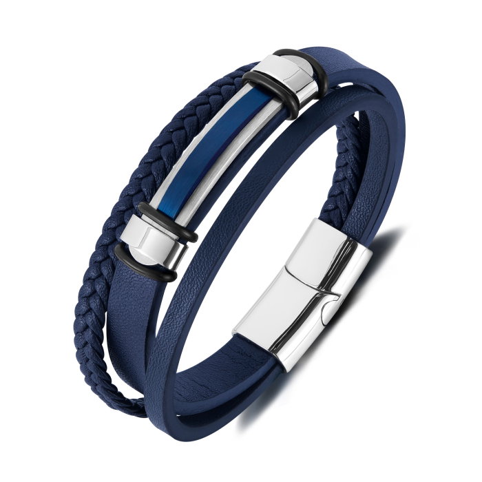 Bratara piele bleumarin si placuta inox cu insertie albastra – Eleganta moderna si rafinament masculin [1]