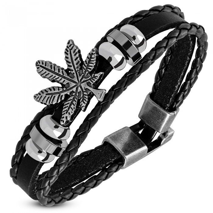 Bratara piele neagra cu frunza Marijuana Ganja BSL3345 [1]