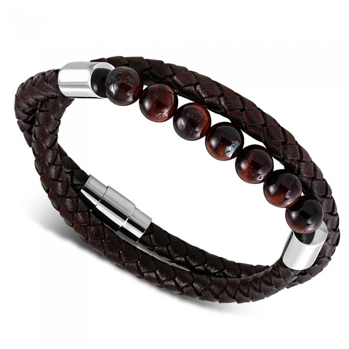 Bratara piele maro impletita cu inox si pietre ochi de tigru [1]