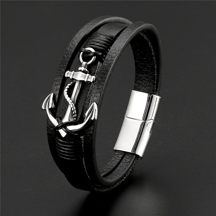 Bratara piele naturala cu ancora si inchizatoare din inox [2]