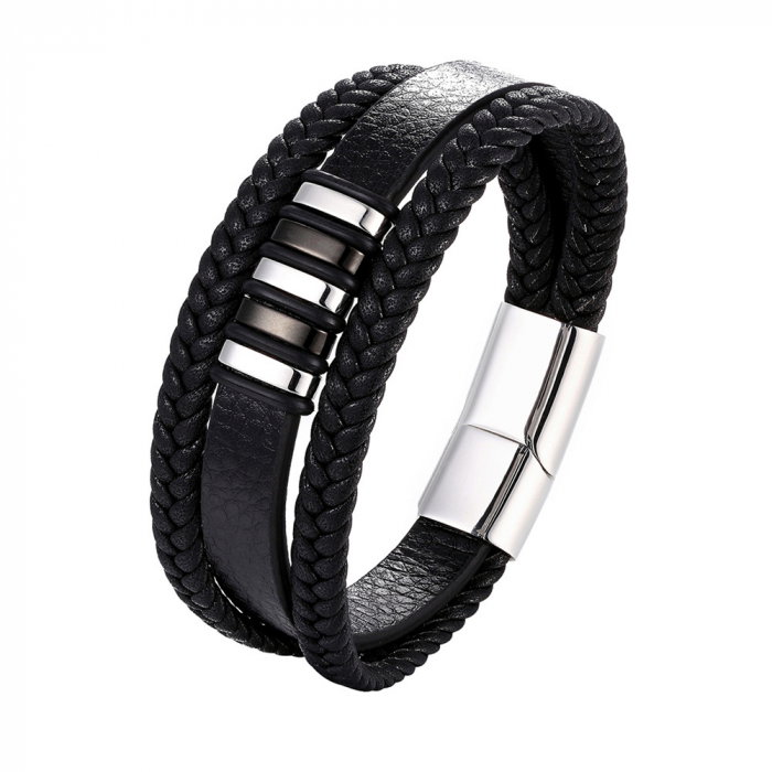 Bratara piele naturala cu elemente si inchizatoare argintii din inox [1]
