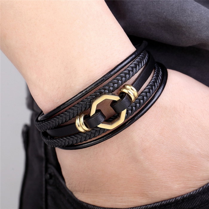 Bratara piele naturala cu elemente si inchizatoare aurii din inox [3]