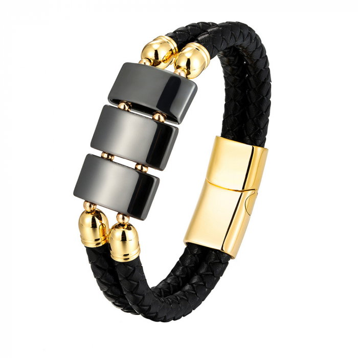 Bratara piele naturala cu Hematit si inchizatoare din inox auriu [1]