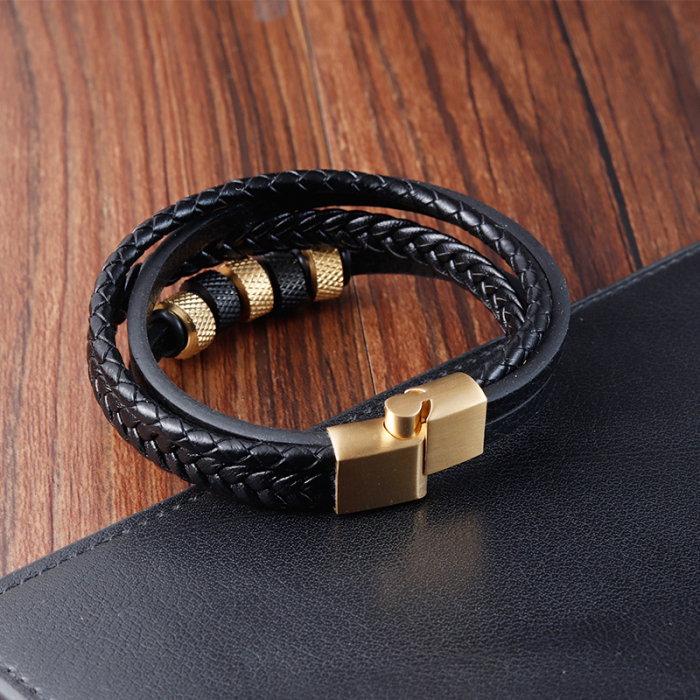 Bratara piele naturala cu inox auriu [3]