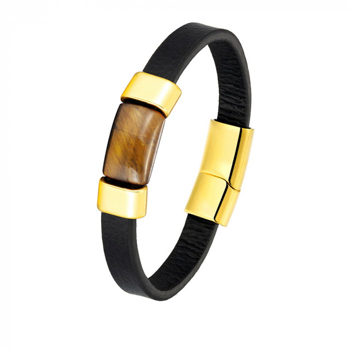 Bratara piele naturala cu Ochi de Tigru si inchizatoare din inox auriu [1]