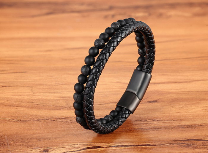 Bratara piele naturala cu lava si inchizatoare din inox negru [5]