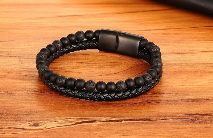 Bratara piele naturala cu lava si inchizatoare din inox negru [6]