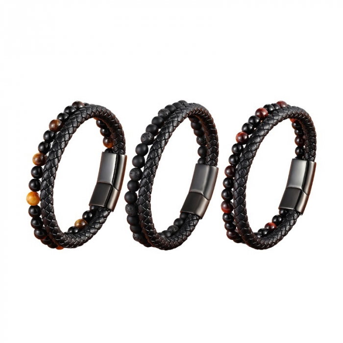 Bratara piele naturala cu lava si inchizatoare din inox negru [3]