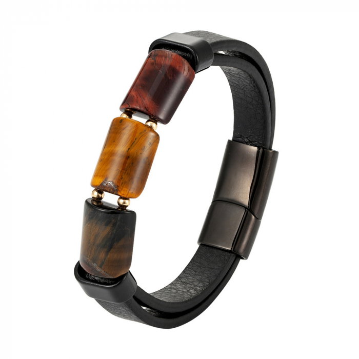 Bratara piele naturala cu Ochi de Tigru si inchizatoare din inox negru [1]