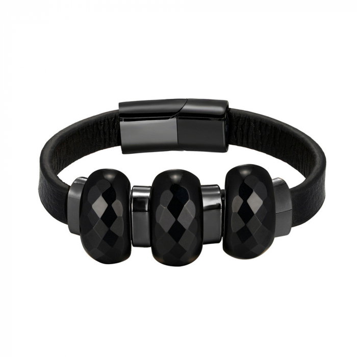 Bratara piele naturala cu Onix si inchizatoare din inox negru [1]