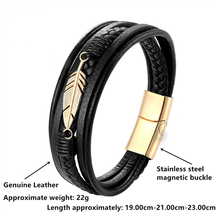 Bratara piele naturala cu pana si inchizatoare din inox auriu [2]