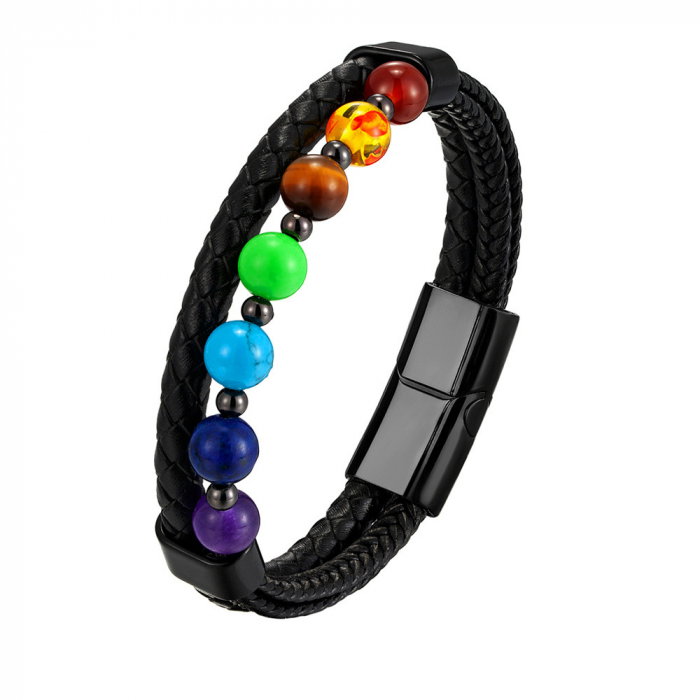 Bratara piele naturala cu pietre naturale si inchizatoare din inox negru [1]