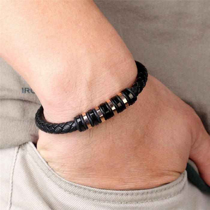 Bratara piele naturala impletita cu inchizatoare si elemente din inox [3]