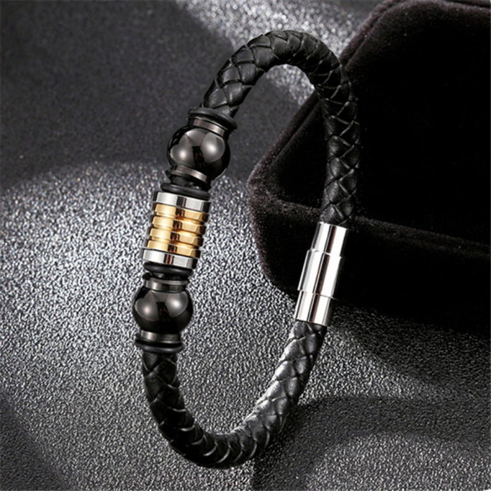 Bratara piele naturala impletita cu inchizatoare si elemente din inox [4]