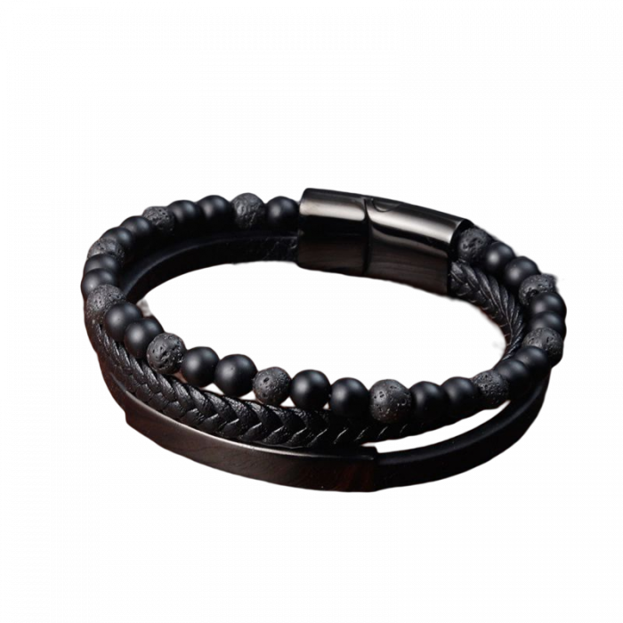 Bratara piele naturala impletita, margele bazalt si elemente din inox [7]