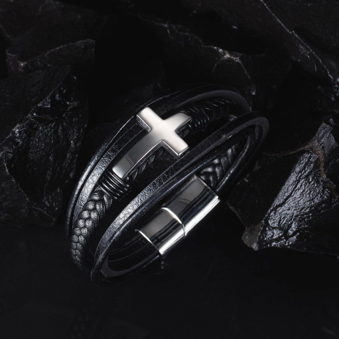 Bratara piele naturala impletita si cruce din inox [12]