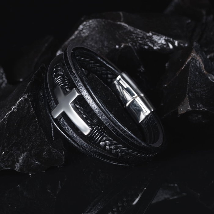 Bratara piele naturala impletita si cruce din inox [14]