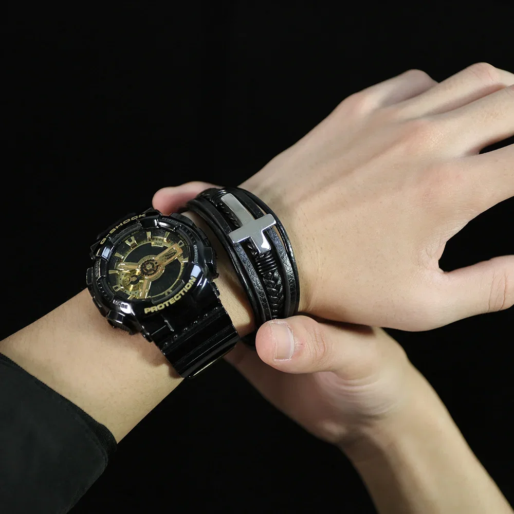 Bratara piele naturala impletita si cruce din inox [4]