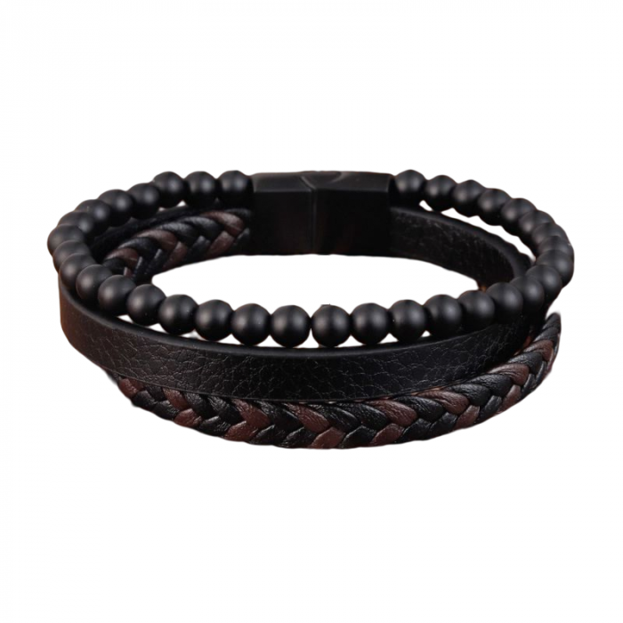 Bratara piele naturala impletita si margele bazalt cu inchizatoare din inox [5]