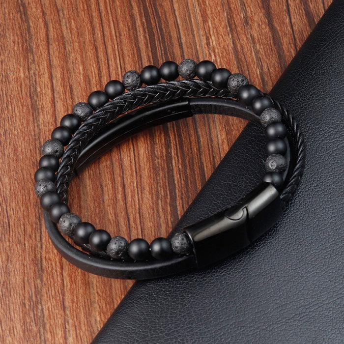 Bratara piele naturala impletita, margele bazalt si elemente din inox [6]