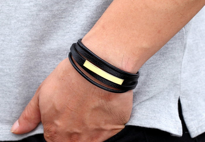 Bratara piele naturala cu elemente si inchizatoare din inox auriu [1]