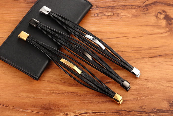 Bratara piele naturala cu elemente si inchizatoare din inox auriu [3]