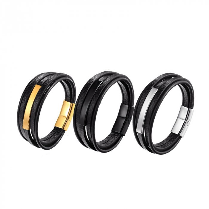 Bratara piele naturala cu elemente si inchizatoare din inox auriu [2]