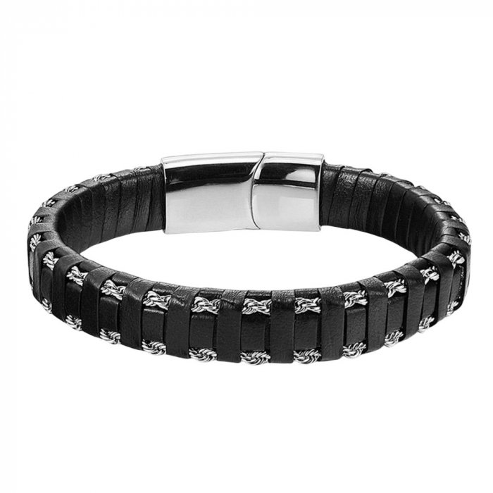 Bratara piele naturala neagra cu inchizatoare si cabluri din inox [1]