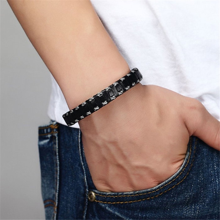 Bratara piele naturala neagra cu inchizatoare si cabluri din inox [2]