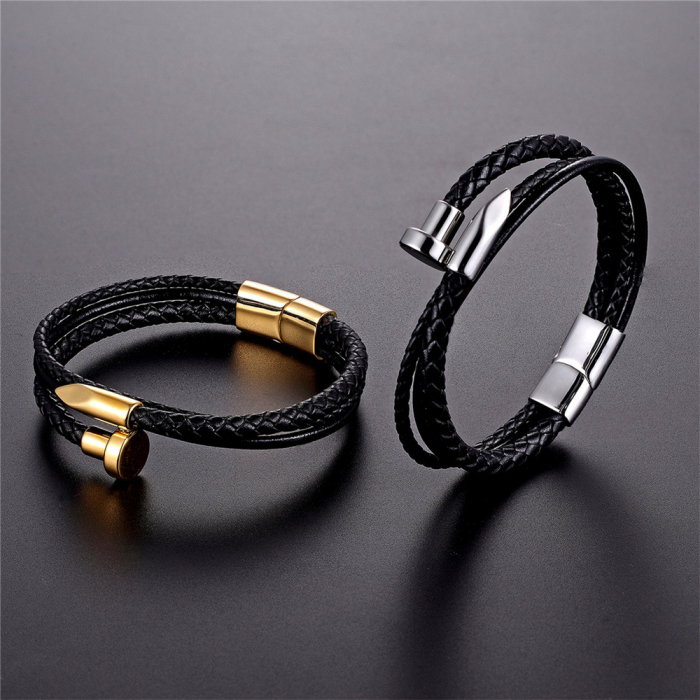 Bratara piele naturala si inox auriu [2]