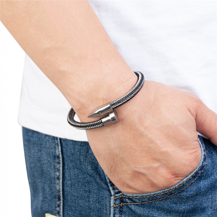 Bratara piele naturala si inox argintiu [2]