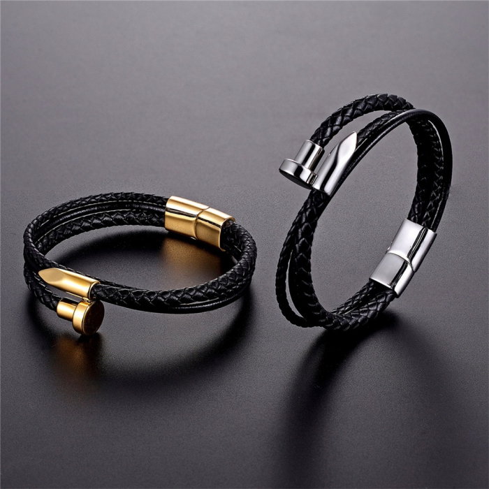 Bratara piele naturala si inox argintiu [2]