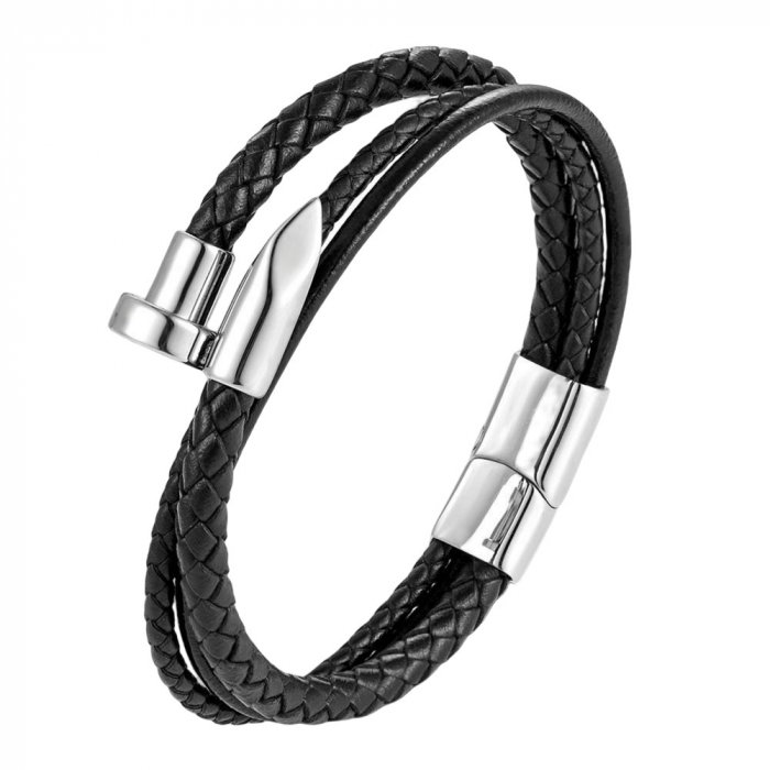 Bratara piele naturala si inox argintiu [1]