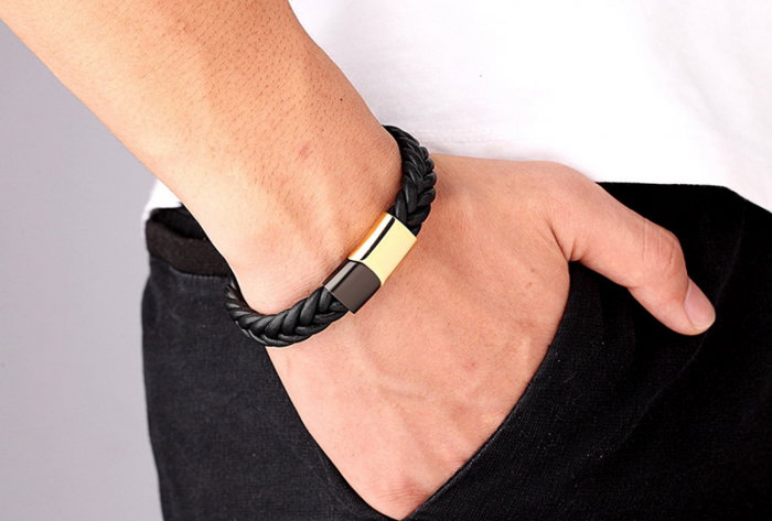 Bratara piele naturala maron si inox Duo [4]