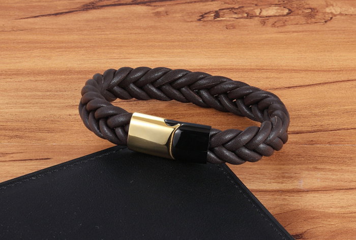 Bratara piele naturala maron si inox Duo [5]