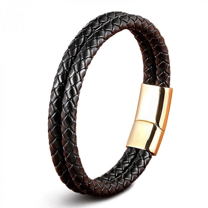 Bratara neagra dubla din piele naturala si inox [1]