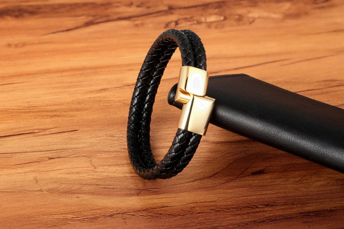 Bratara neagra dubla din piele naturala si inox [3]