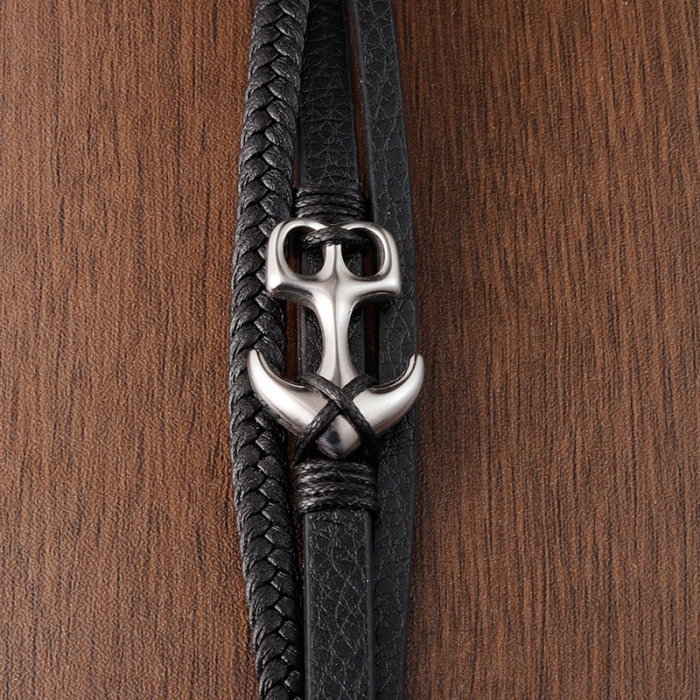 Bratara piele neagra cu ancora din inox [7]