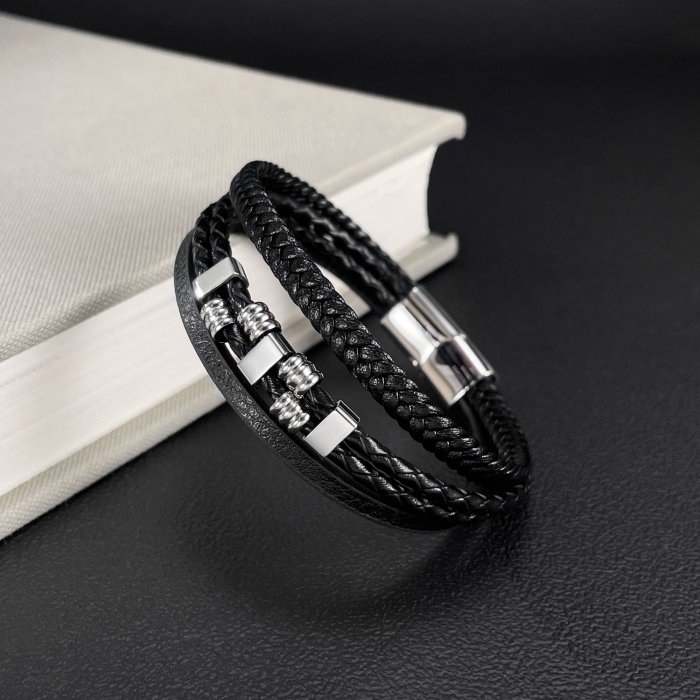Bratara piele neagra cu detalii metalice din inox – Stil urban masculin [7]