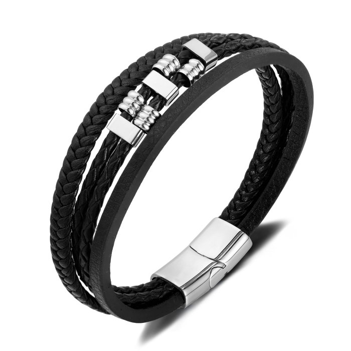 Bratara piele neagra cu detalii metalice din inox – Stil urban masculin [1]