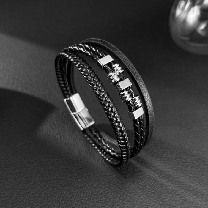 Bratara piele neagra cu detalii metalice din inox – Stil urban masculin [9]