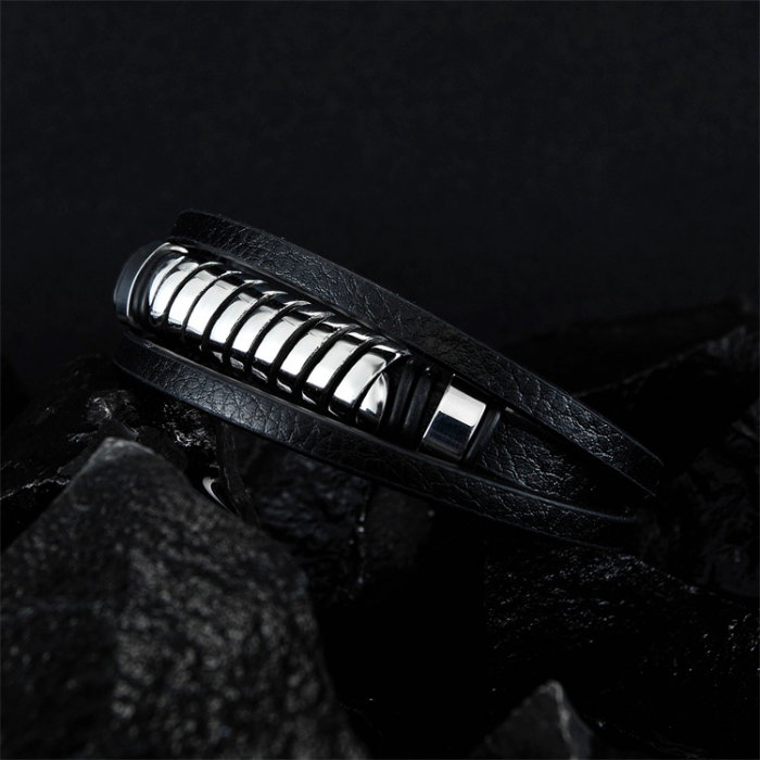 Bratara piele neagra cu spirala si inchizatoare din inox [2]