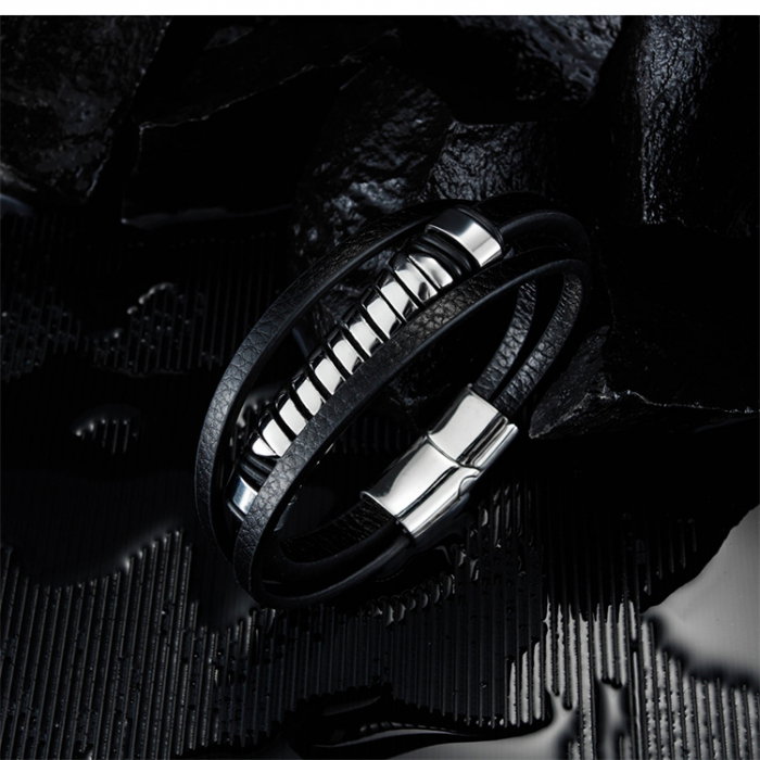 Bratara piele neagra cu spirala si inchizatoare din inox [4]