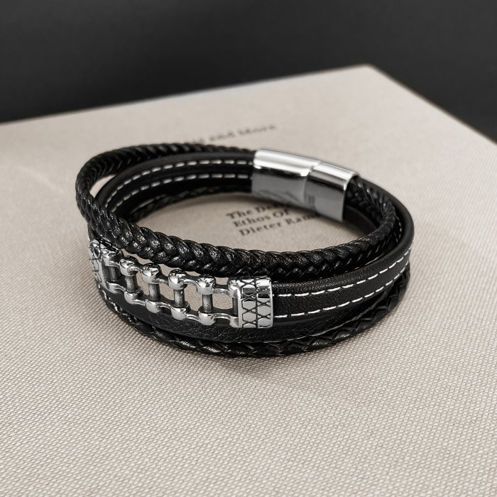 Bratara piele neagra cu lant moto din inox – Simbol al libertatii si energiei masculine [12]