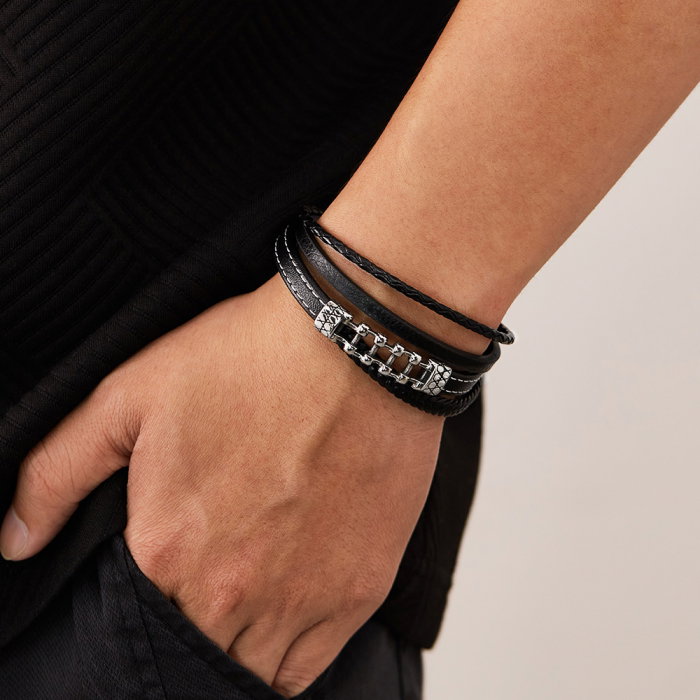 Bratara piele neagra cu lant moto din inox – Simbol al libertatii si energiei masculine [2]