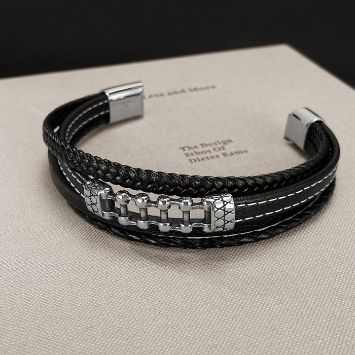 Bratara piele neagra cu lant moto din inox – Simbol al libertatii si energiei masculine [3]