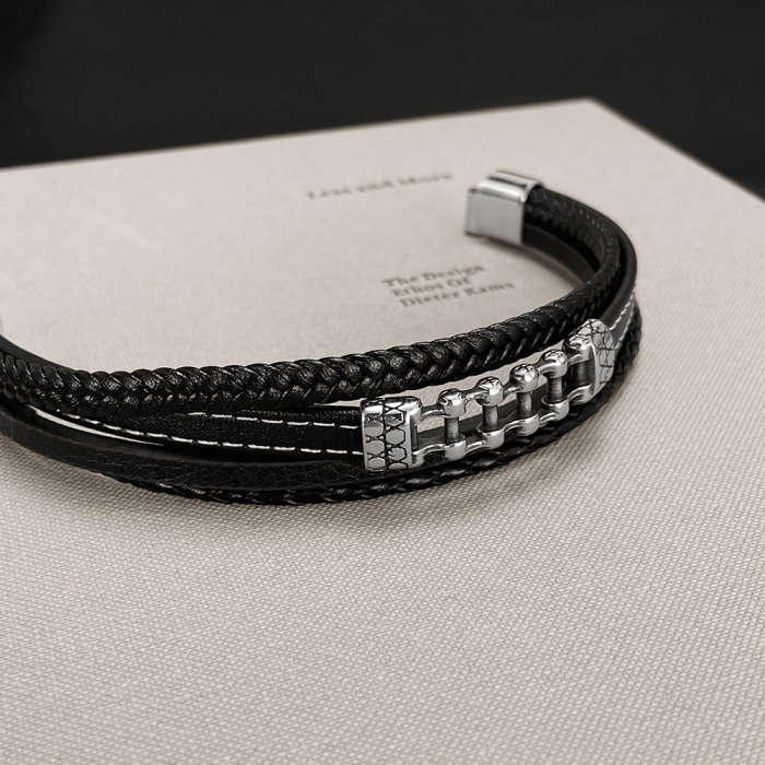Bratara piele neagra cu lant moto din inox – Simbol al libertatii si energiei masculine [5]