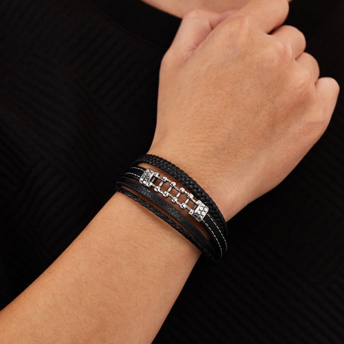 Bratara piele neagra cu lant moto din inox – Simbol al libertatii si energiei masculine [4]